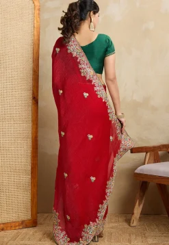 Embroidered Chiffon Saree in Red