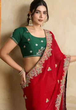 Embroidered Chiffon Saree in Red