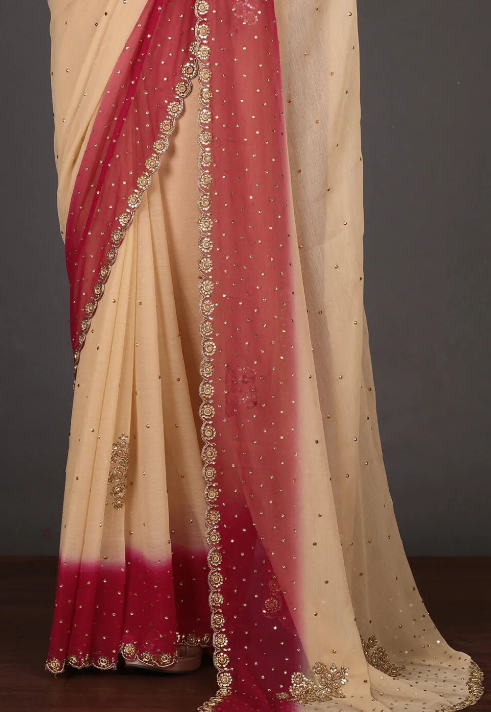 Embroidered Chiffon Saree in Beige