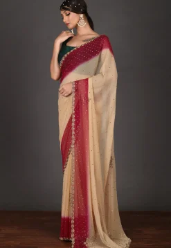 Embroidered Chiffon Saree in Beige