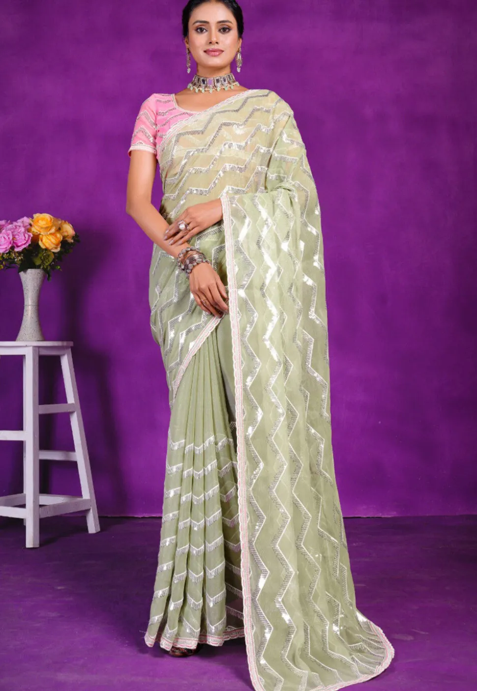Embroidered Chiffon Saree in Dusty Green