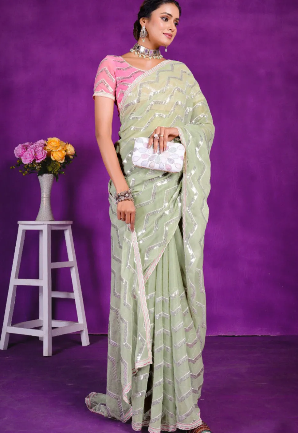 Embroidered Chiffon Saree in Dusty Green