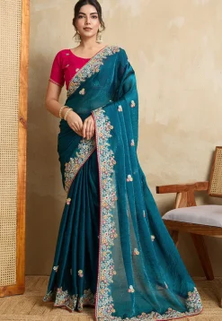 Embroidered Chiffon Saree in Teal Blue