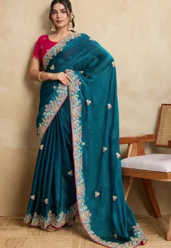 Embroidered Chiffon Saree in Teal Blue