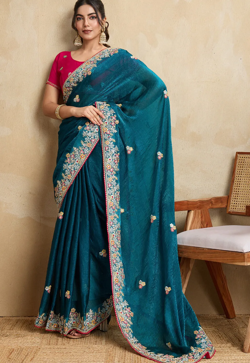 Embroidered Chiffon Saree in Teal Blue