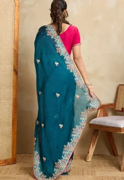 Embroidered Chiffon Saree in Teal Blue