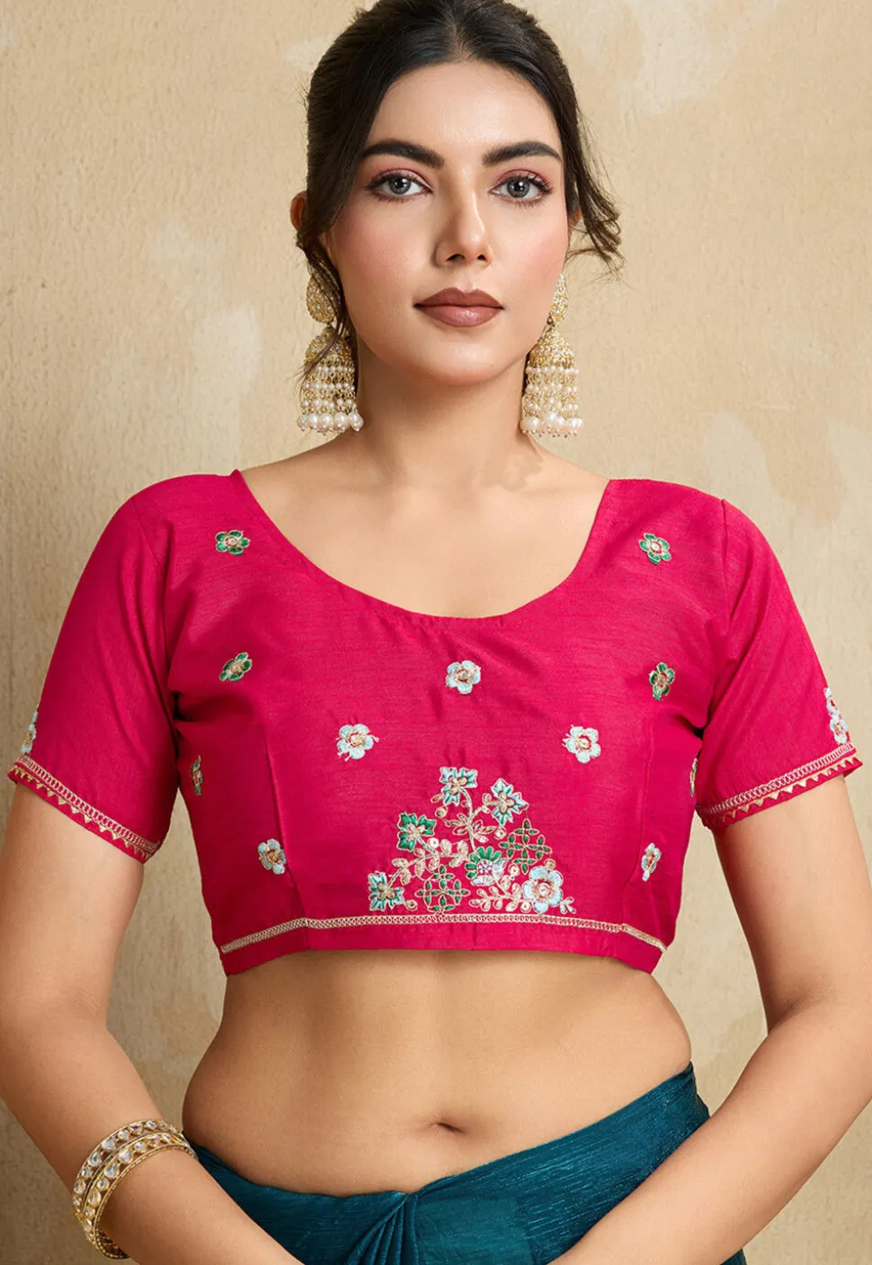 Embroidered Chiffon Saree in Teal Blue