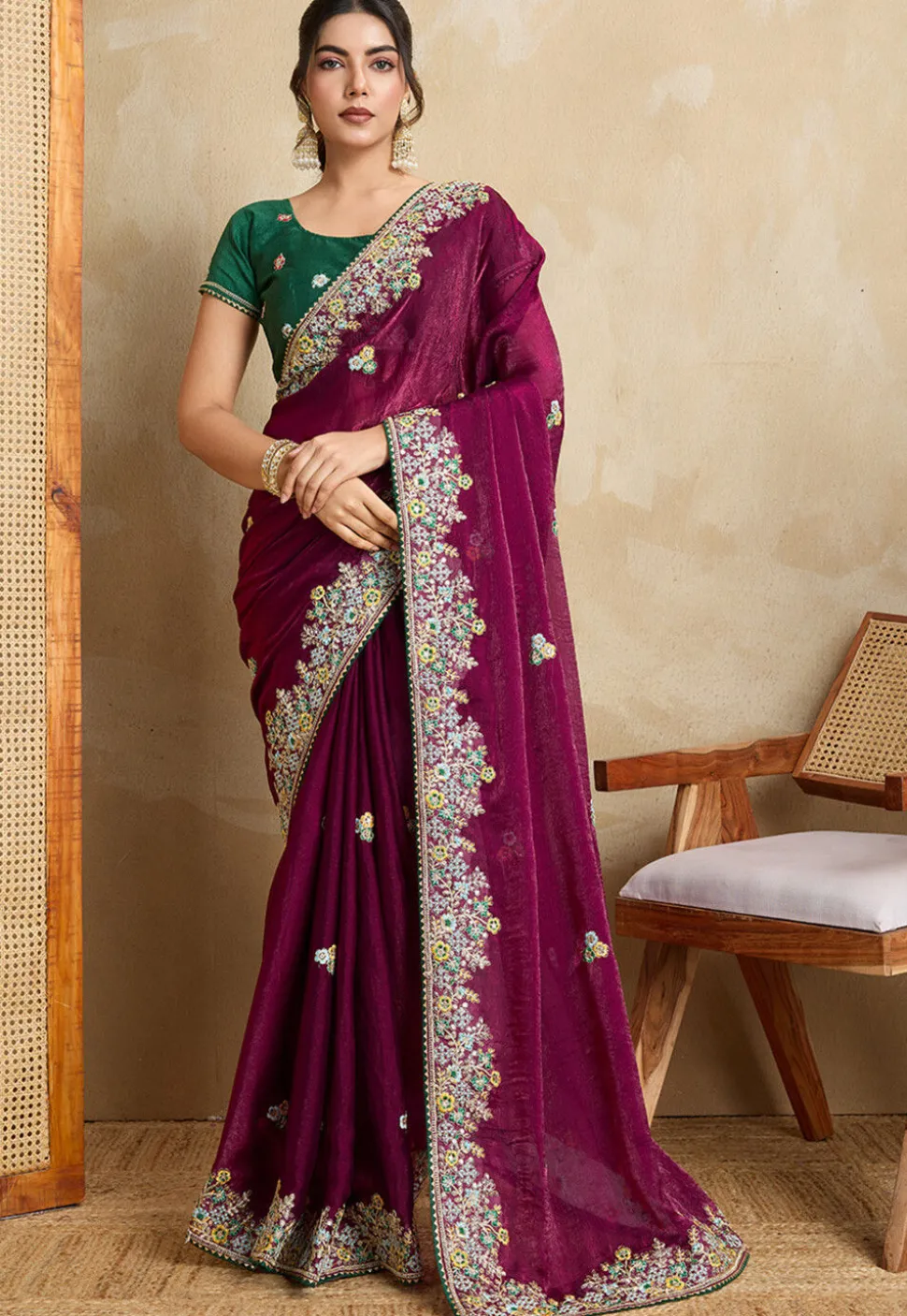 Embroidered Chiffon Saree in Purple