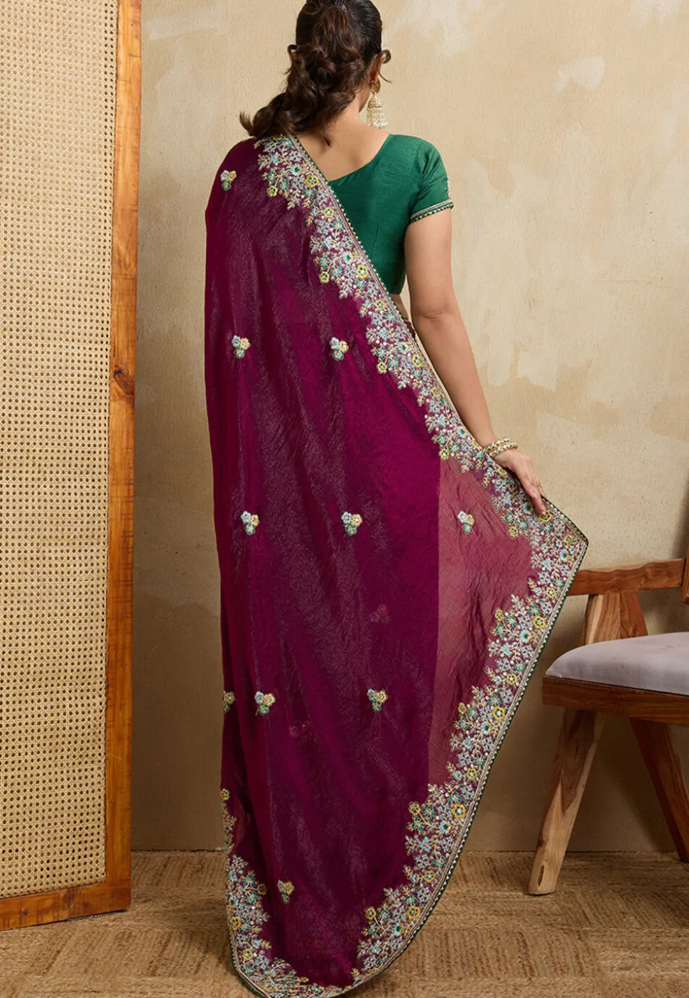 Embroidered Chiffon Saree in Purple