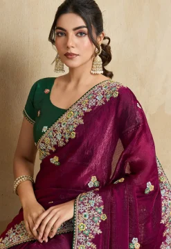 Embroidered Chiffon Saree in Purple