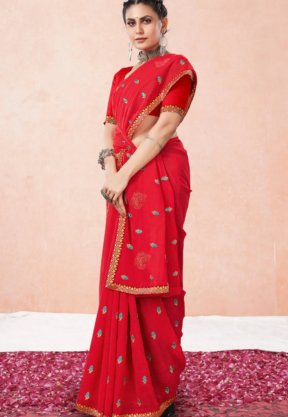 Embroidered Chiffon Saree in Red