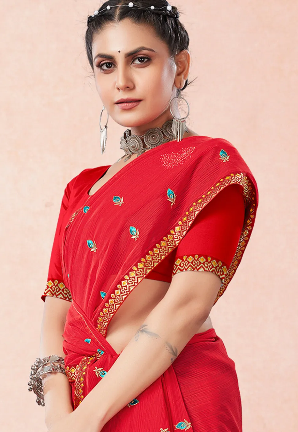 Embroidered Chiffon Saree in Red