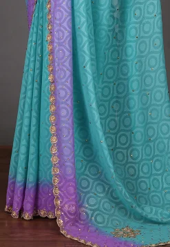 Embroidered Chiffon Saree in Turquoise