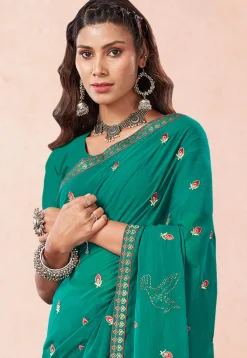 Embroidered Chiffon Saree in Teal Green