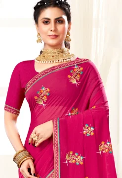 Embroidered Chiffon Saree in Magenta