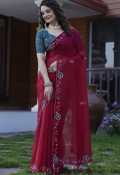 Embroidered Chiffon Scalloped Saree in Maroon