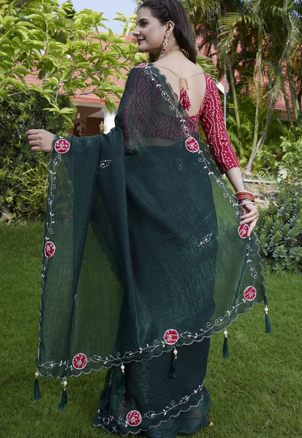 Embroidered Chiffon Scalloped Saree in Dark Green