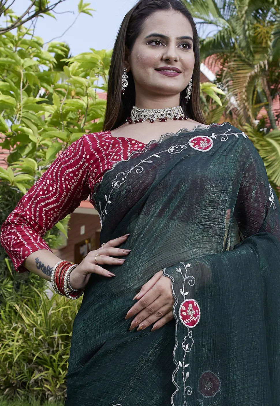 Embroidered Chiffon Scalloped Saree in Dark Green