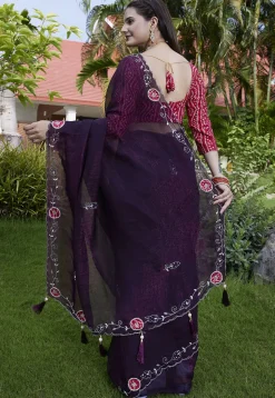 Embroidered Chiffon Scalloped Saree in Purple