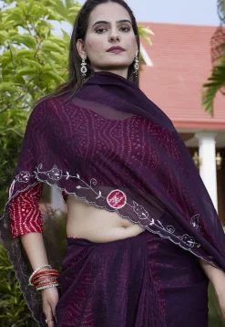 Embroidered Chiffon Scalloped Saree in Purple