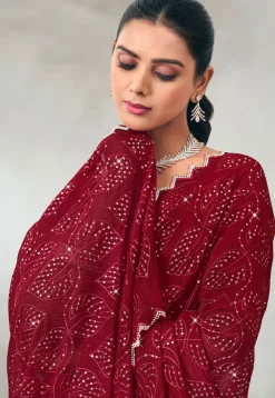 Embroidered Chiffon Scalloped Saree in Maroon