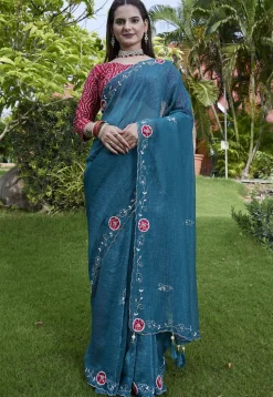 Embroidered Chiffon Scalloped Saree in Teal Blue