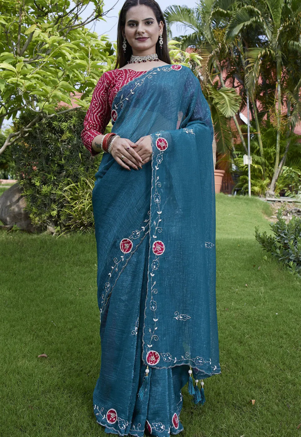 Embroidered Chiffon Scalloped Saree in Teal Blue