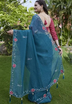 Embroidered Chiffon Scalloped Saree in Teal Blue