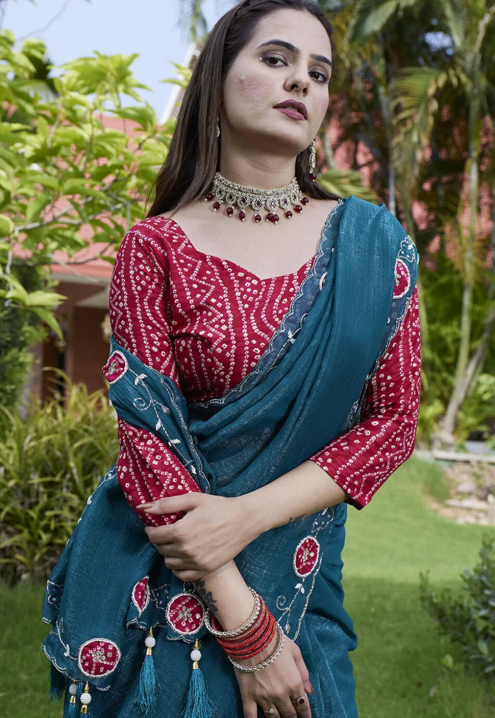 Embroidered Chiffon Scalloped Saree in Teal Blue