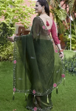 Embroidered Chiffon Scalloped Saree in Olive Green