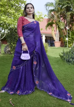 Embroidered Chiffon Scalloped Saree in Purple
