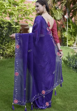 Embroidered Chiffon Scalloped Saree in Purple