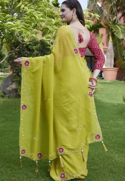 Embroidered Chiffon Scalloped Saree in Light Green