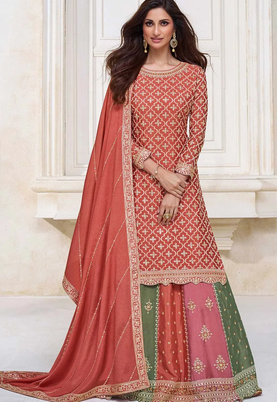 Embroidered Chinnon Chiffon Lehenga in Peach