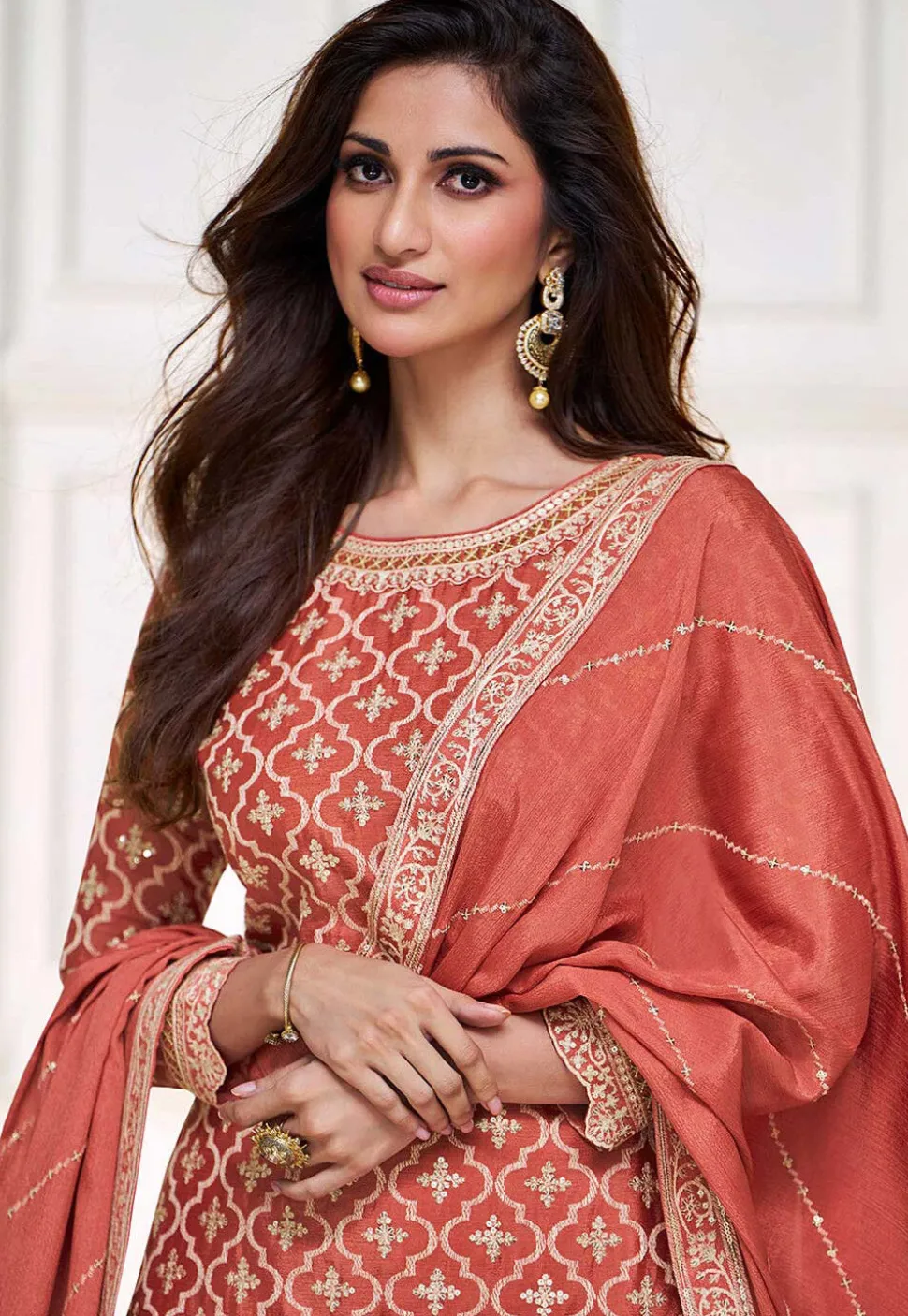 Embroidered Chinnon Chiffon Lehenga in Peach