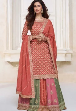 Embroidered Chinnon Chiffon Lehenga in Peach
