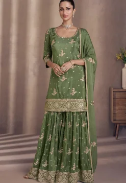 Embroidered Chinon Chiffon Pakistani Suit in Olive Green