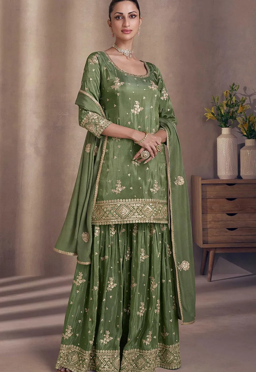 Embroidered Chinon Chiffon Pakistani Suit in Olive Green