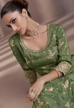 Embroidered Chinon Chiffon Pakistani Suit in Olive Green