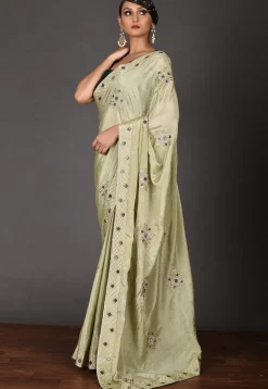 Embroidered Chinon Chiffon Saree in Dusty Green