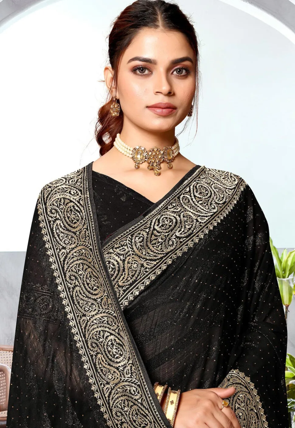 Embroidered Chinon Chiffon Saree in Black