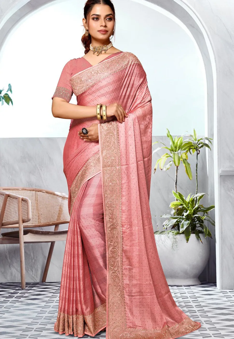 Embroidered Chinon Chiffon Saree in Peach