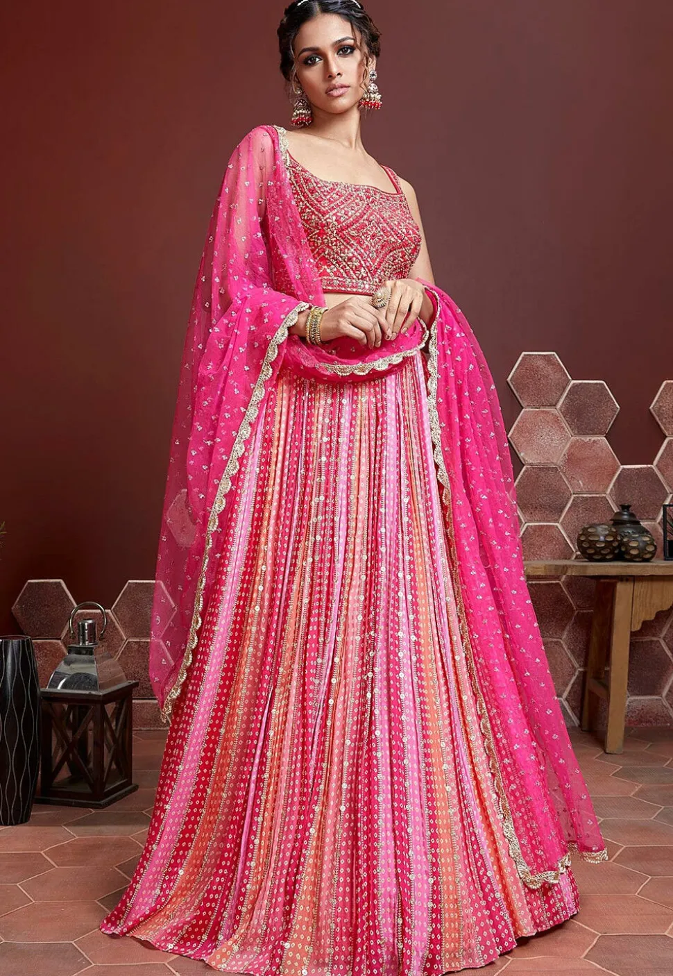 Embroidered Chinon Chiffon Lehenga in Pink