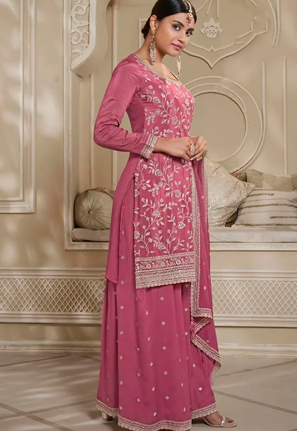 Embroidered Chinon Chiffon Pakistani Suit in Pink
