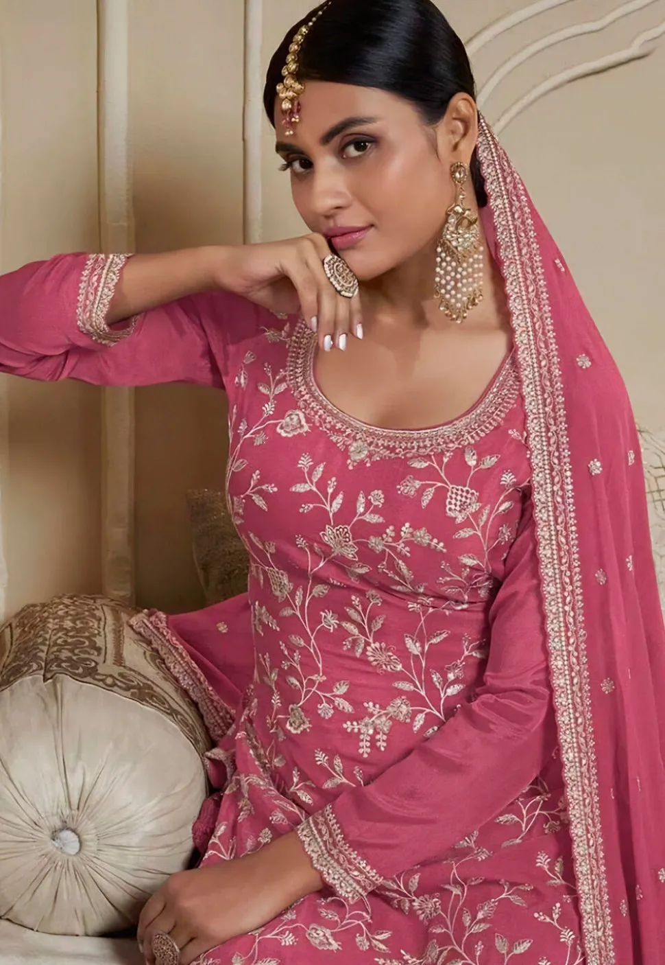 Embroidered Chinon Chiffon Pakistani Suit in Pink
