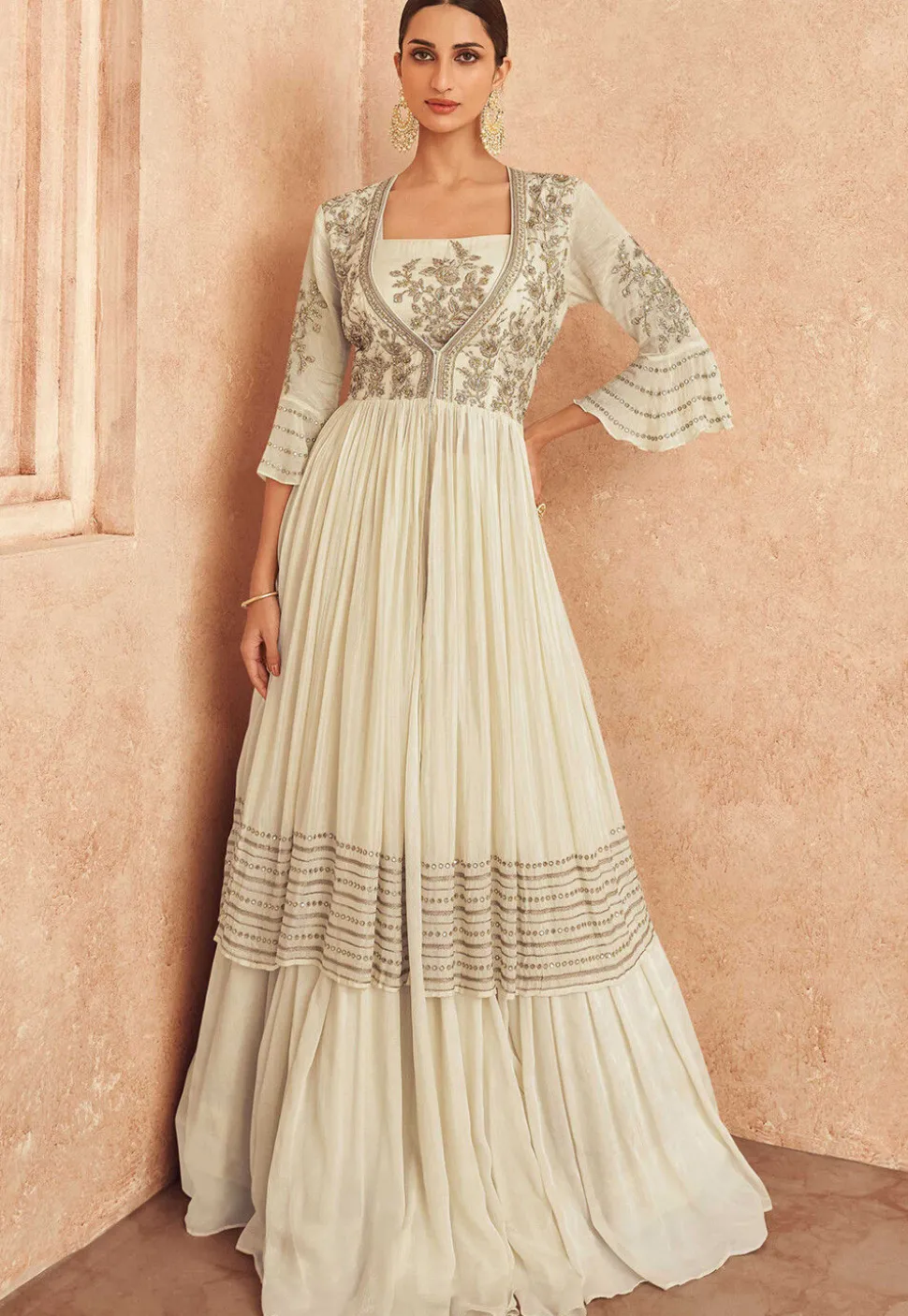 Embroidered Chinon Chiffon Lehenga in Off White