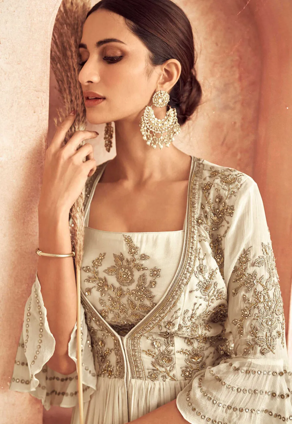 Embroidered Chinon Chiffon Lehenga in Off White