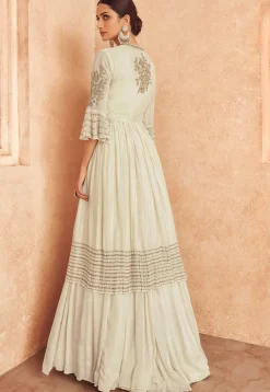 Embroidered Chinon Chiffon Lehenga in Off White