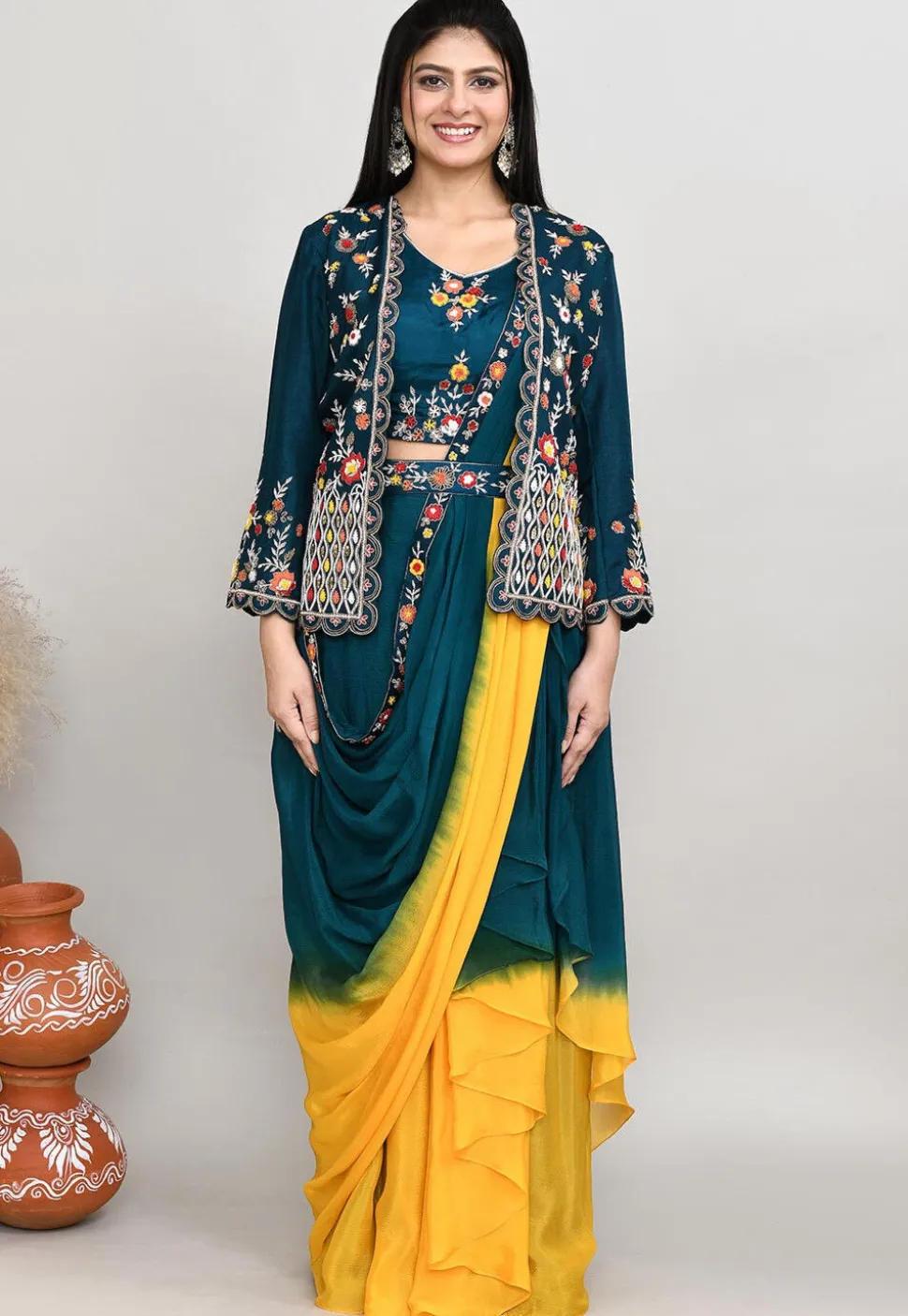 Embroidered Chinon Chiffon Crop Top Set in Teal Blue
