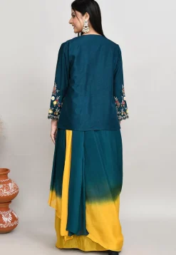 Embroidered Chinon Chiffon Crop Top Set in Teal Blue